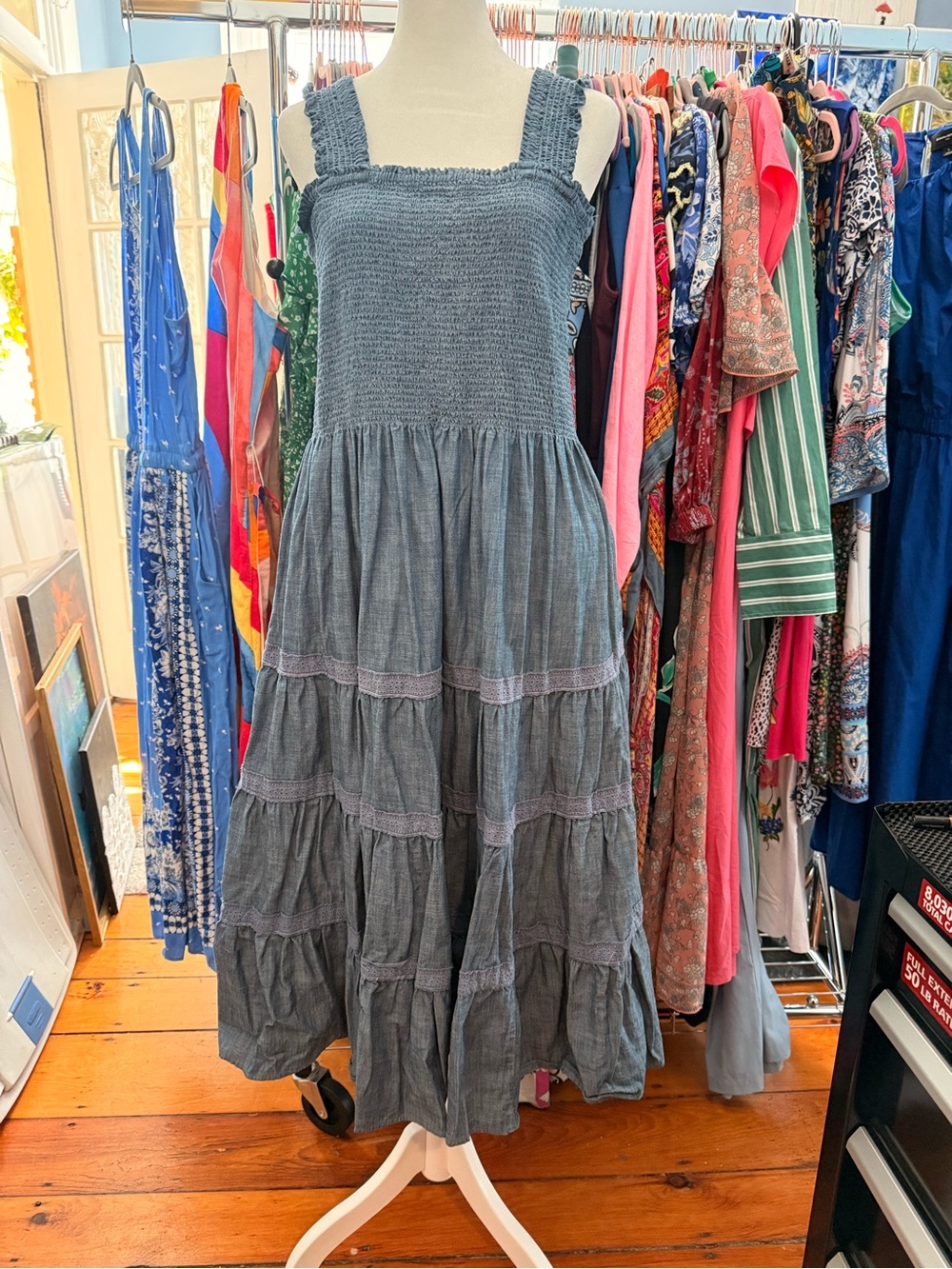 Lands' End Washed Blue Smocked Tiered Maxi Dress